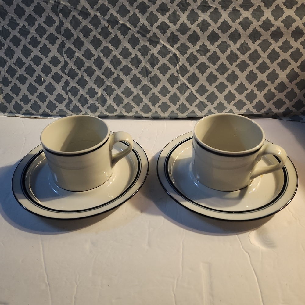 Dansk Bistro Christianshavn Classic Cream and Blue Cup and Saucer Set of 2